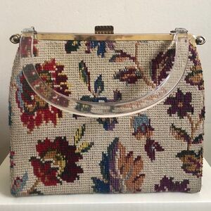 Vintage Handbag Tapestry Convertible with Clear Lucite Handled Purse by Edwards